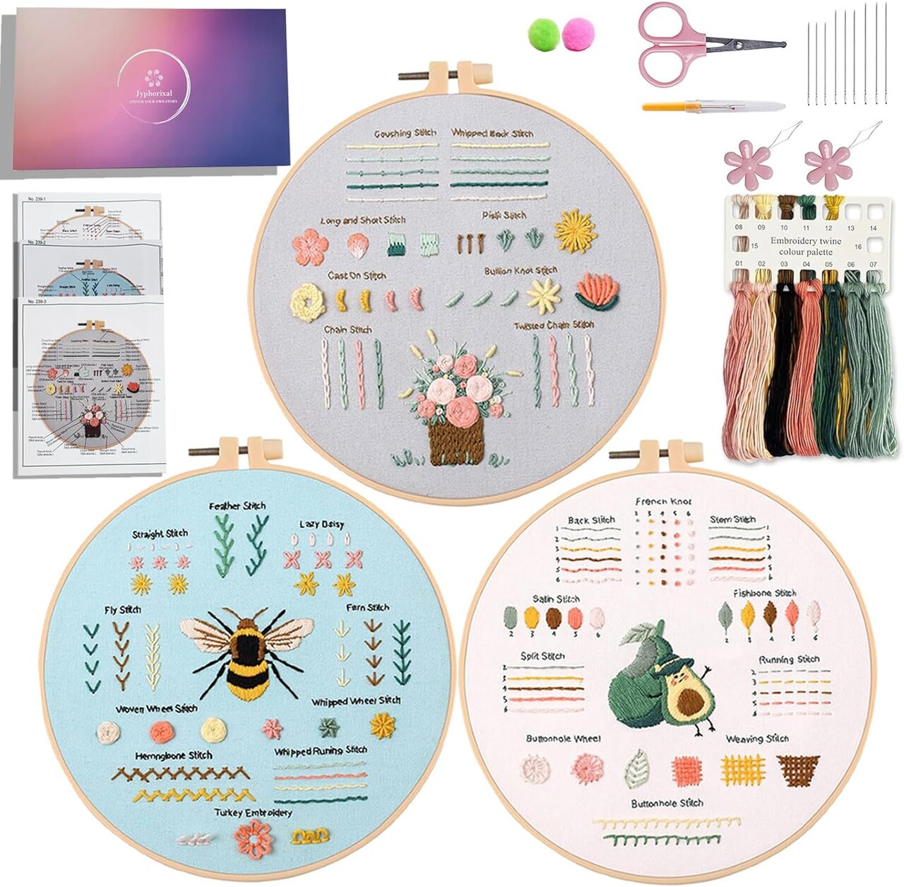 Embroidery Kit for Beginners Adults Cross Stitch Starter Kit Needle Point Supplies 33 Basic Stitches in 3 Set, DIY Craft Lover Starter Hand Stitch (Flower)